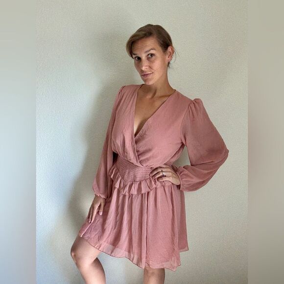 ASOS Dress Shirred Elastic Waist Skater Dress NEW Dusty Pink - Picture 2 of 12